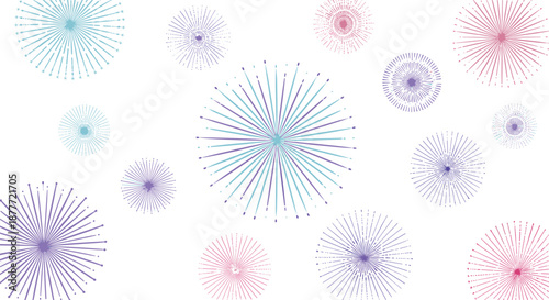 Abstract radial burst vector set with colorful starburst fireworks and sunray elements for modern decorative background and graphic design isolated on white background