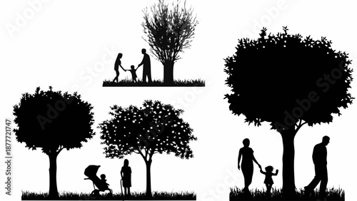 Silhouettes of happy families with children in park with trees