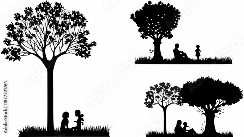 Family bonding under tree silhouettes for nature and love themes