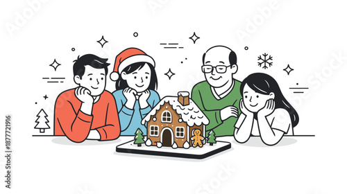 Gingerbread House Triumph. Group making gingerbread house finished result. Group admiring a completed gingerbread house on the table, satisfied smiles and calm