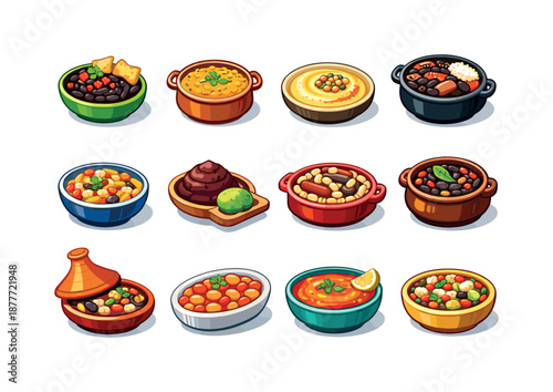 International Bean Icons. International Bean Dishes. Colorful isometric vector icons set of International Bean Dishes: Mexican black beans, Indian dal, Middle