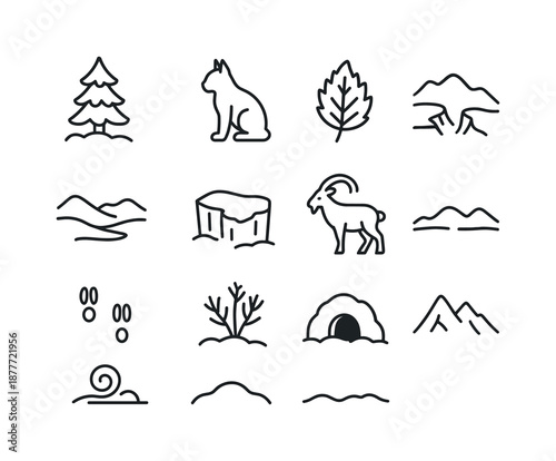 Winter Animal Icons. Snowy landscapes with animals in winter habitats. Line icon set of snowy landscapes with animals in winter habitats: snow-dusted pine,
