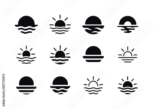 Sunrise and Sunset Logos. Sunrise and sunset. Icon set. Set Logo of sunrise and sunset: setting sun over ocean. harmonious logo variations: Filled silhouette,