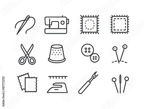 Clothing Repair Icons. Clothing repair. Line icon set of Clothing repair: needle and thread, sewing machine, patch, scissors, thimble, buttons, measuring tape,