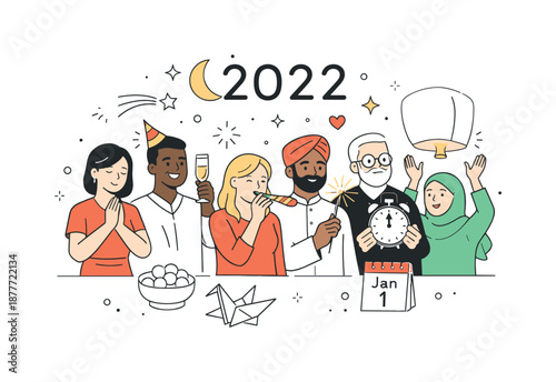 Multicultural New Year Celebration. Multicultural New Year moment. People from different backgrounds welcoming the New Year together with symbolic gestures.