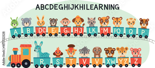 Alphabet learning vector illustration with cute animal characters on train wagons for children education, preschool learning and ABC teaching in flat cartoon style isolated on white background