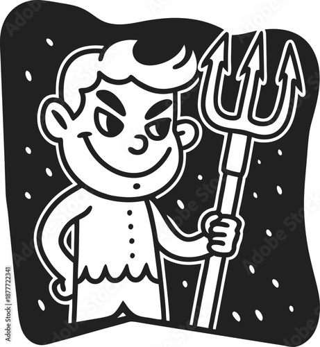 Mischievous devil holding trident with confident smirk in black and white illustration