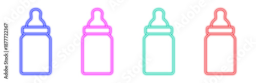 A colorful set of four neon baby feeding bottles with glowing outlines, isolated on a white background, representing infant care and nourishment