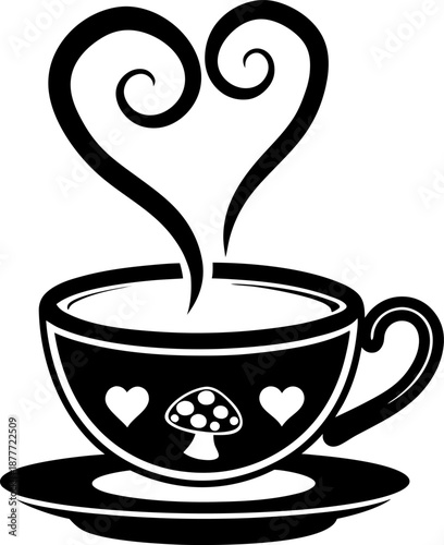 heart shaped steam rising from a cup of hot beverage on a saucer with decorative hearts and mushroom design