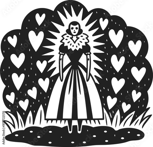 Woman in vintage dress surrounded by heart shapes, stylized black and white illustration