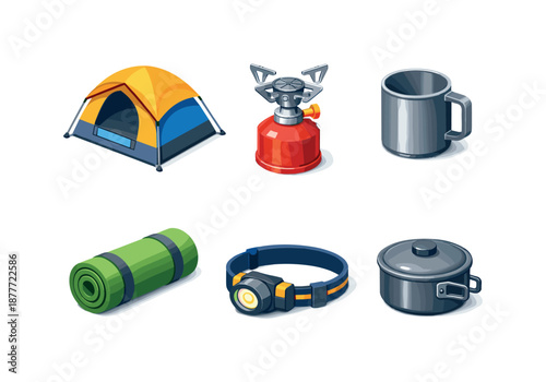 Camping Gear Icons. Camping Equipment. Isometric flat vector icons set of Camping Equipment: camping tent with poles, gas canister stove, metal camping mug,
