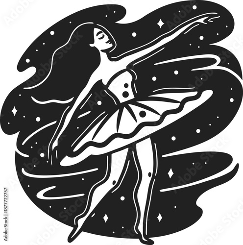 Graceful ballerina dancing elegantly with flowing hair and tutu in a starry night backdrop