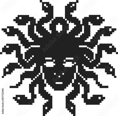 Medusa pixel art icon with snake hair in black silhouette mythology symbol