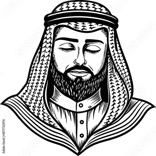 Portrait of a man wearing traditional middle eastern attire with closed eyes and detailed beard