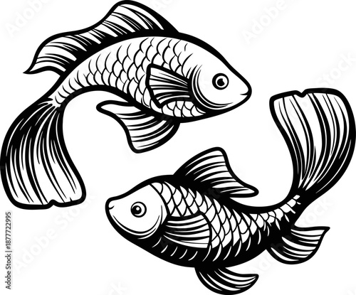 two detailed koi fish swimming in opposite directions with flowing fins and scales, monochrome aquatic illustration