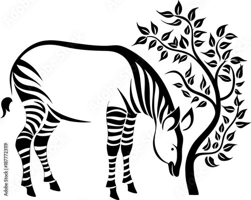 Stylized zebra grazing beside leafy tree silhouette in black and white design