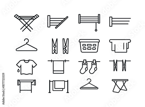 Laundry Rack Icons. Laundry Drying Rack. Line icon set of Laundry Drying Rack: foldable rack, wall-mounted rack, retractable lines, drying hanger, clothes