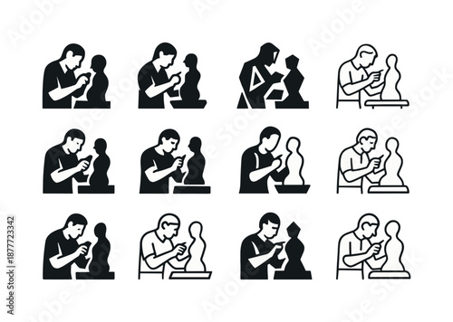 Sculptor Logo Variations. Sculptors shaping their creations. Icon set. Set Logo of Sculptors shaping their creations: artist shaping clay. harmonious logo