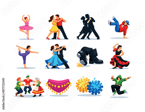 Dance Style Icons. Dance styles. Colorful flat vector icons set of dance styles: ballet pose, salsa couple, tango silhouette, hip-hop move, contemporary