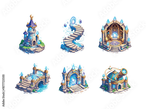 Arcane Architecture Icons. Arcane architecture. Isometric flat vector icons set of Arcane architecture: wizard tower with runes, floating staircase, magical