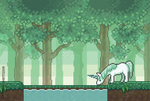 ピクセルアートのユニコーンが小川の水を飲んでいるファンタジーゲーム風背景素材