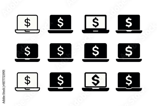 Passive Income Logos. passive income streams remotely. Icon set. Set Logo of passive income streams remotely: laptop with dollar symbol. harmonious logo