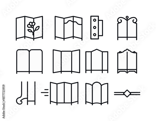 Art Screen Icons. Folding screen. Line icon set of folding screen: art panel screen, painted motif outline, frame bracket, decorative hinge loop, artist panel