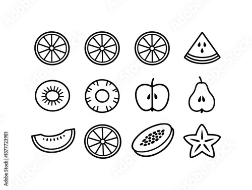 Fruit Slices Icons. Fruit slices. Line icon set of Fruit slices: orange slice, lemon slice, lime slice, watermelon slice, kiwi slice, pineapple ring, apple