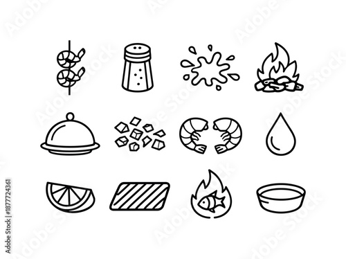 Shrimp Skewer Icons. Shrimp skewers. Line icon set of shrimp skewers: triple shrimp skewer, spice jar, marinade splash, grill ember icon, serving tray, chopped