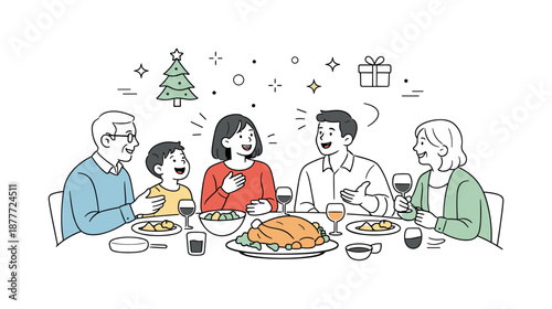 Joyful Christmas Gathering. Family dinner at Christmas conversation. Family members talking and laughing while seated at the table. Relaxed mood, connection