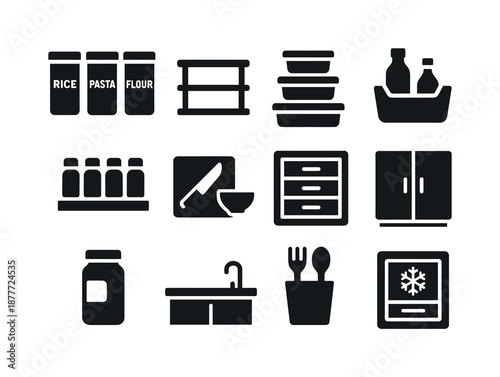 Kitchen Organization Icons. Kitchen organization. Solid icon set of kitchen organization: labeled containers, shelf icon, meal stack, fridge organizer, spice