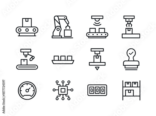 Production Line Icon Set. Production line. Line icon set of Production line: conveyor belt, assembly arm, sensor, packaging robot, inspection camera, product