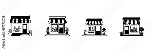 Flower Shopfront Icons In Hand Drawn Style Set. Small Business, Retail Storefront, Florist Doodle Sketch Collection. Charming Boutique Design. Isolated Vector Illustration