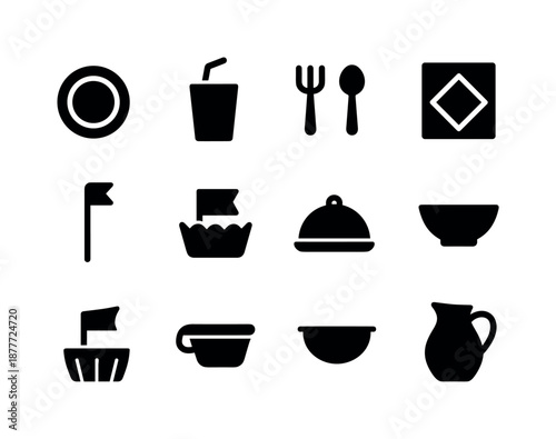 Birthday Party Icons. Kids at a birthday party. Solid icon set of table setup: plate, cup, fork, spoon, napkin, placemat, straw, cake topper, cupcake holder,