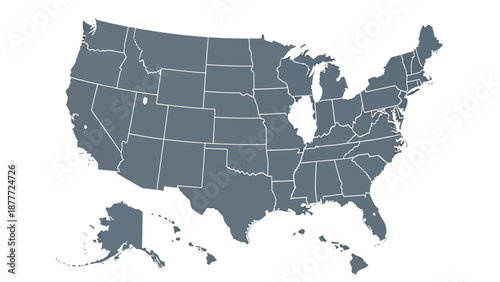 Simple gray map illustration detailing the fifty united states borders with clean white background