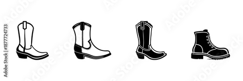 Cowboy And Work Boots In Hand Drawn Style Set. Western Footwear And Outdoor Workwear Doodle Sketch Collection. Rustic And Durable Fashion. Isolated Vector Illustration