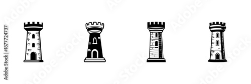 Rook Chess Piece Icons In Hand Drawn Style Set. Strategic Game Element, Defense, And Protection Symbol Doodle Sketch Collection. Classic Board Game Design. Isolated Vector Illustration