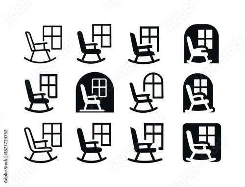 Rocking Chair Icons. Rocking chair by the window. Icon set. Set Logo of rocking chair by the window: classic rocker silhouette near window frame. harmonious