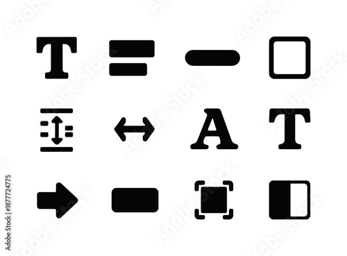 Typography Icon Grid. Poster typography. Solid icon set of poster typography: bold title, subtitle icon, tagline bar, graphic frame, text alignment tool,