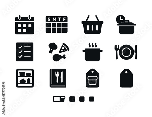 Weekly Meal Prep Icons. Weekly meal prep. Solid icon set of weekly meal prep: calendar icon, -day plan, grocery basket, Sunday prep icon, weekly checklist,