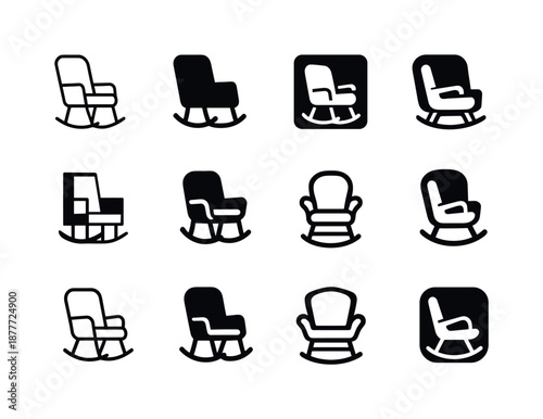 Rocking Chair Logos. A comfortable rocking chair in a nursery or reading room. Icon set. Set Logo of a comfortable rocking chair in a nursery or reading room: