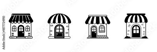 Small Shopfront Icons In Hand Drawn Style Set. Retail Storefront, Local Business, Boutique Doodle Sketch Collection. Commercial Building Illustrations. Isolated Vector Illustration