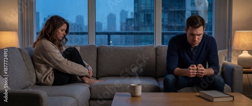 Couple sitting apart on sofa in dimly lit living room at night  