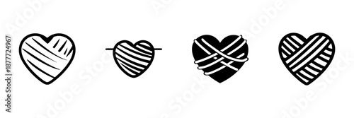 Heart-Shaped Yarn Icons In Hand Drawn Style Set. Crafting, Knitting, And Crochet Love Doodle Sketch Collection. Textile Art And Handmade Creativity. Isolated Vector Illustration