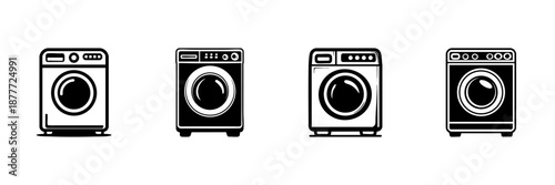 Washing Machine Icons In Hand Drawn Style Set. Home Appliance, Laundry Equipment, Cleaning Technology Doodle Sketch Collection. Household Chore Symbols. Isolated Vector Illustration