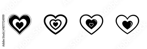 Hearts With Inner Hearts In Hand Drawn Style Set. Love, Affection, And Romantic Symbolism Doodle Sketch Collection. Emotional Connection Representation. Isolated Vector Illustration