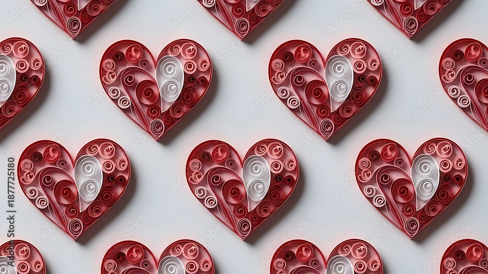 Fototapeta premium A repeating pattern of intricately crafted red and white quilled paper hearts