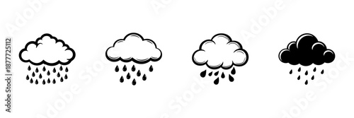 Cloud With Rain In Hand Drawn Style Set. Weather Forecast, Rainy Season, Climate Change Doodle Sketch Collection. Atmospheric Conditions. Isolated Vector Illustration