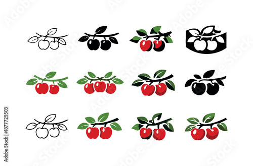 Apple Tree Icons. Apple tree. Icon set. Set Logo of apple tree: apple-bearing branch. harmonious logo variations of the same emblematic concept, each with