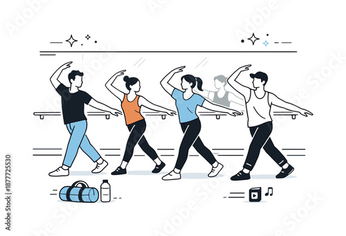 Synchronized Dance Rehearsal. Dance rehearsal. Dancers practicing synchronized moves in a studio with mirrors. Focused preparation and calm creative energy.